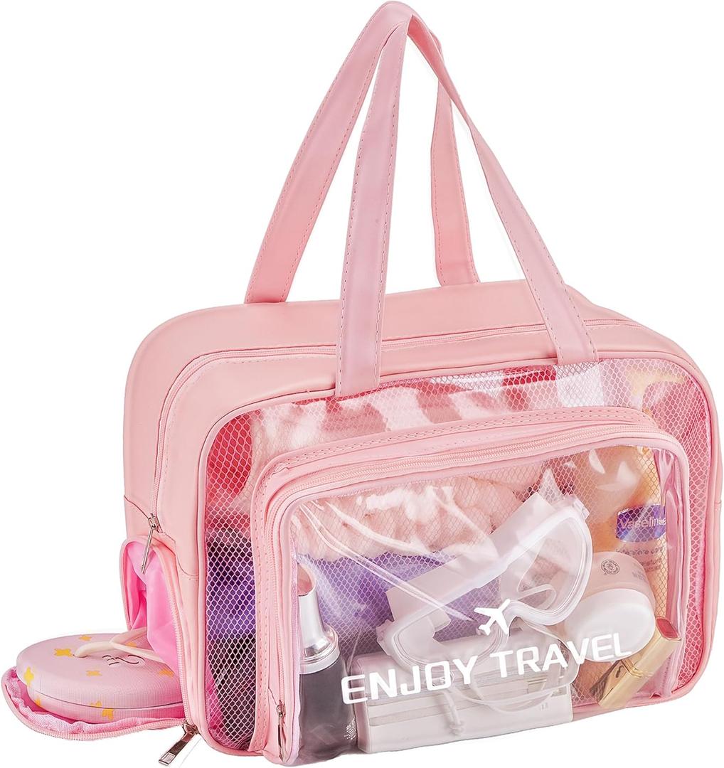 Waterproof Toiletry Bag Large Capacity Clear PVC Beach Tote Bag, Portable Unisex Travel Makeup Organizer for Swimming, Gym, and Vacation (PINK)