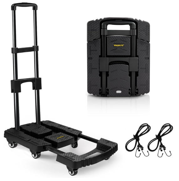 Voipvvii Folding Hand Truck 500lbs, Portable Heavy Duty Dolly Cart, 6 Wheels Collapsible Luggage Cart with 2 Elastic Ropes  Compact Trolley Cart for Easy Moving  Ideal Hand Cart for Travel and More