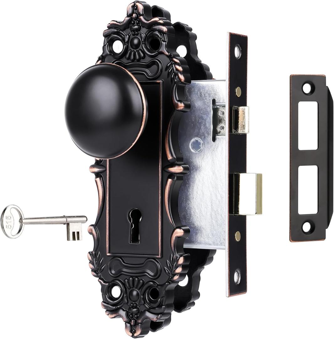 Mortise Lock Set for Interior Door, Antique Door Knob with Lock and Skeleton Key, Old Style Door Knob Lock Replacement, Vintage Mortise Door Knobs for Interior Doors, Oil Rubbed Bronze Finish