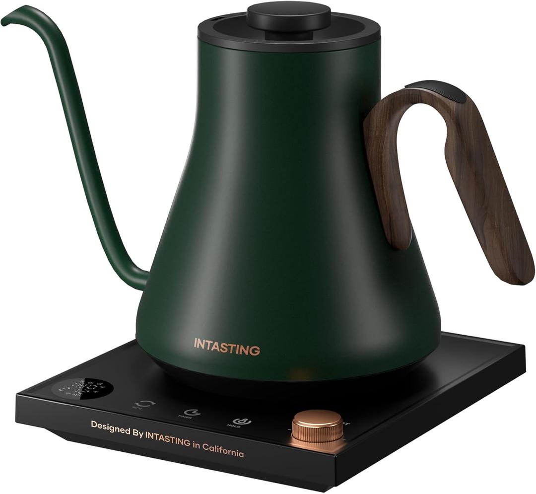 INTASTING Electric Kettle, Gooseneck Electric Kettle, 1 Precise Temperature Control, Stainless Steel Interior, Quick Heating for Pour Over Coffee, Tea & Boiling Water, 0.9L (Forest Green)