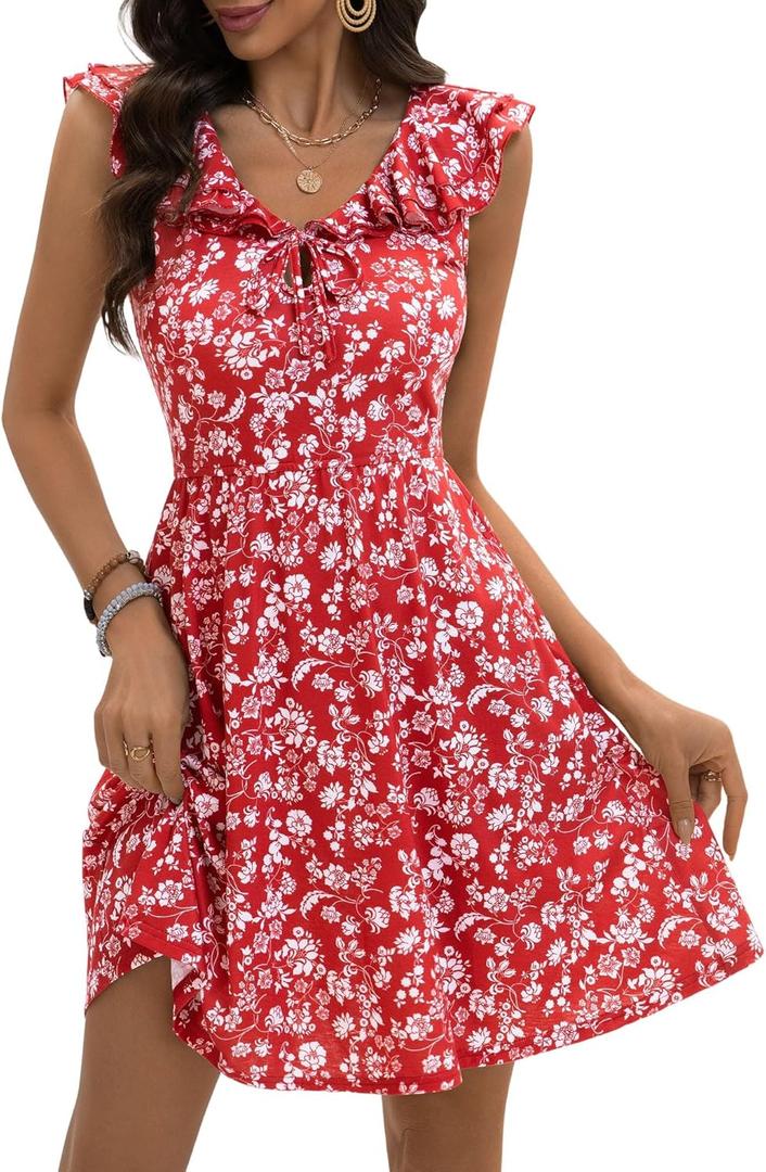GUBERRY Womens Summer Dresses 2025 Ruffle V Neck Tie Front Floral Sundresses Cute Mini Teen Dress with Pockets (Medium, Red)