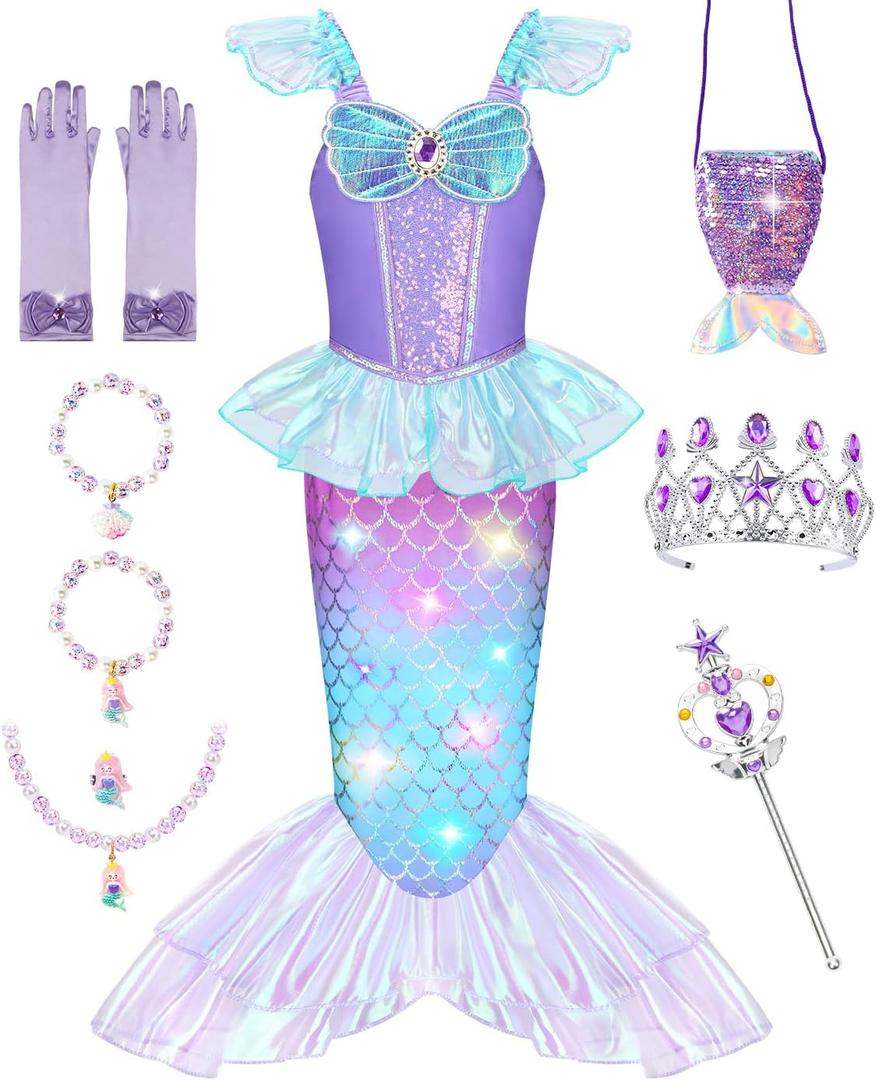 Meland Mermaid Costume for Girls - Light Up Halloween Costume for Kids Toddler 3-10, Princess Dress Up for Girl Birthday Gift (3-4 Years)