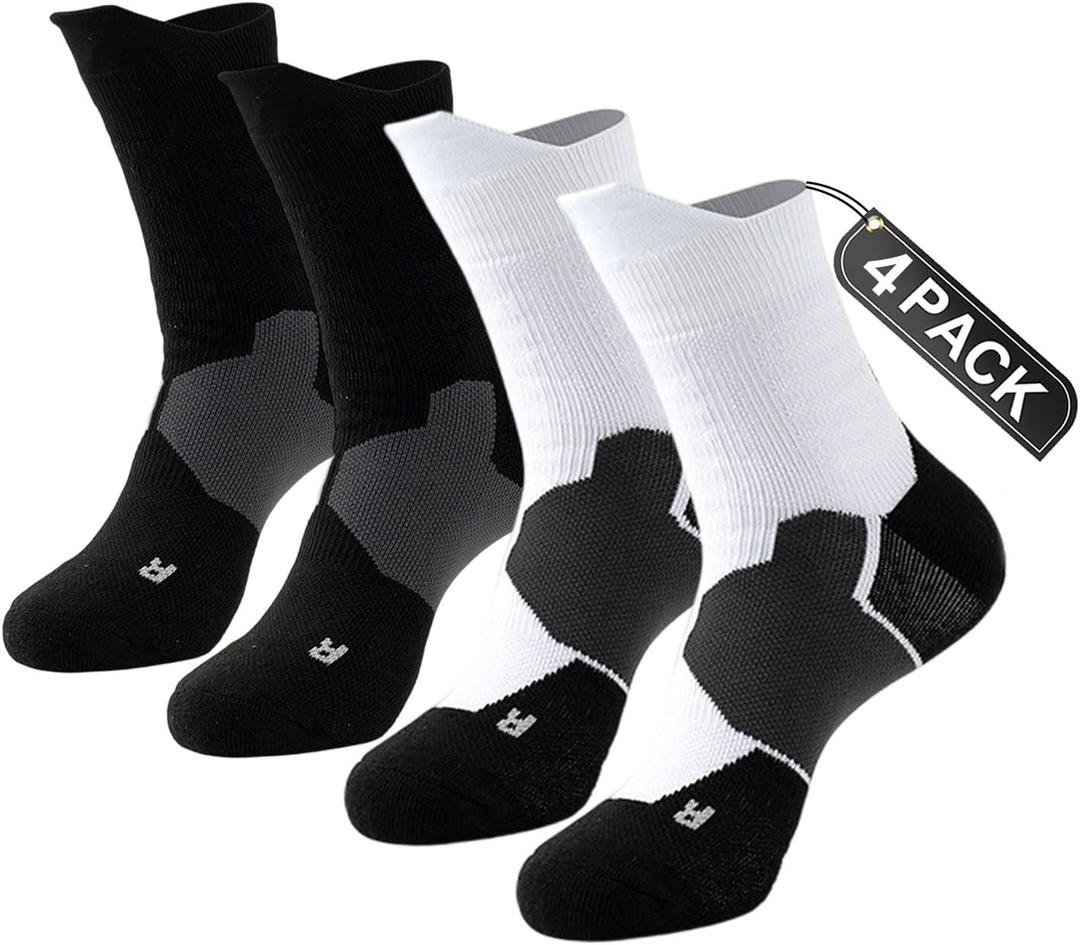 Basketball Socks 4-Pack - Thick Cushioned, Hiking Socks - Breathable Moisture- Outdoor Crew Socks for Men &Boys