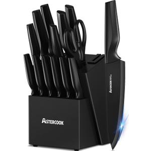 Astercook Knife Set, Kitchen Knife Set with Built-in Sharpener Block, Dishwasher Safe, 15 Pieces German Stainless Steel Knife Block Set, Black