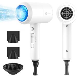 slopehill Professional Ionic Hair Dryer, Powerful 1800W Fast Drying Low Noise Blow Dryer with 2 Concentrator Nozzle 1 Diffuser Attachments for Home Salon Travel (White)
