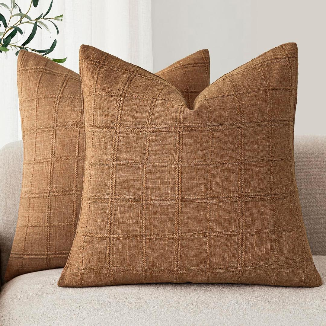 Foindtower Set of 2 Decorative Linen Check Throw Pillow Covers Neutral Farmhouse Vintage Cushion Covers Modern Boho Home Decor for Sofa Chair Couch Bedroom Living Room,22×22 Inch,Brick