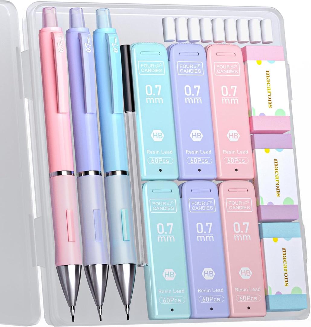 Four Candies Cute Mechanical Pencils 0.7mm, Pencil Set with 360PCS Lead Refills & Pastel Erasers, School Supplies with Case