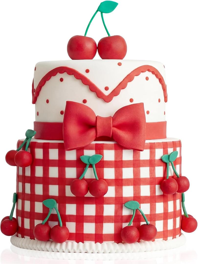 Chunful 9 Pcs Red Cherry Cake Decorations and Bow Cake Toppers Artificial Fake Cherries Fruit Decor for Birthday Party Decorations Bridal Wedding Party Supplies