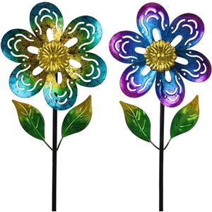 Viveta 2 Pack Wind Spinners,Flower Garden Sculpture, Metal Windmill, Green and Purple Pinwheels for Yard Lawn Patio Decor