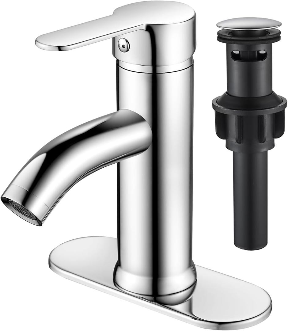 Chrome Bathroom Faucet Single Handle Bathroom Faucet Vanity Faucet with Pop-up Drain 1 Hole or 3 Hole Bathroom Sink Faucet with Deck