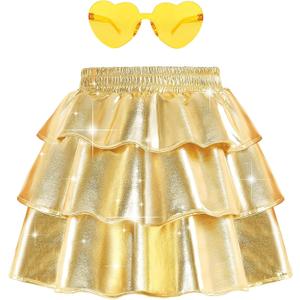 techcity Girls Metallic Skirt Shiny Sparkle 3-Layer Ruffle Skirts Dance Party Costume Clothes for Girls 4-13Y with Glasses
