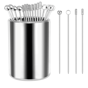 Metal Cocktail Picks, 9Pcs Martini Picks, Reusable Stainless Steel Drink Stick with Storage Cup, Bloody Mary Skewers for Appetizers Sandwiches, BBQ Snacks, Olives Fruits