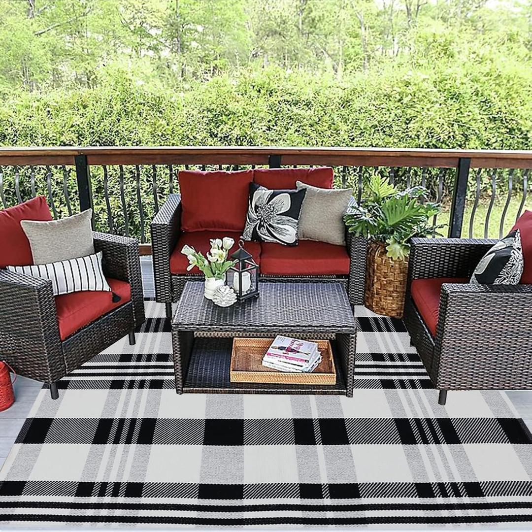 Buffalo Plaid Rug 4' x 6' Black and White Outdoor Rug Cotton Hand-Woven Checkered Front Welcome Door Mat Indoor/Outdoor Area Rug for Front Porch, Kitchen, Bathroom, Entry Way, Living Room (4' x 6')