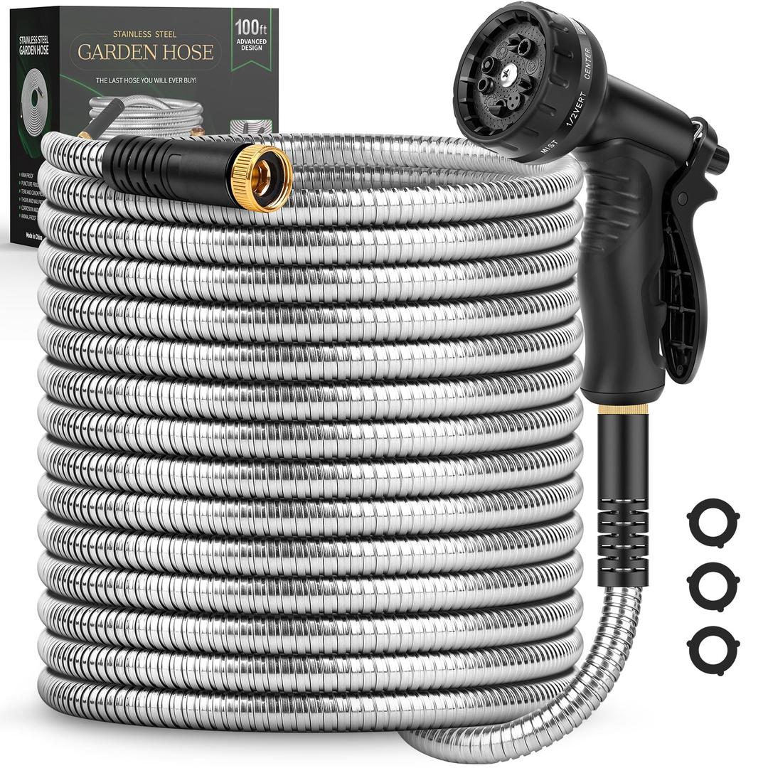 Itsonestep Garden Hose 100 FT, Metal Stainless Steel Water Hose with 10 Function Nozzles, No Kinks, Flexible Hose, Lightweight, Puncture Proof, Heavy Duty Hose for Yard and Outdoor, Silver