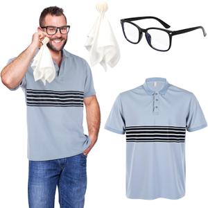 Tellingyou 3 Pcs Halloween Costume Men Blue Striped Shirt Glasses Napkin Set for Halloween Film Cosplay Accessory (XL)