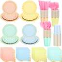 Yaomiao 168 Pcs Disposable Dinnerware Set Party Supplies, Scalloped Paper Plates Cups Napkin with Gold Foil Plastic Forks Knives Spoons Serve 24 Guests for Birthday Baby Shower (Multicolor,Round)