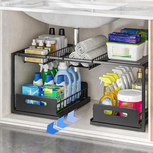 FOXMIND Under Sink Organizer, Double Drawers Large Volume 2 Tier Slide Out Sink Shelf Cabinet Storage Shelves, Adjustable Width(23.6"-29.5"),2 Adjustable Basket, Black