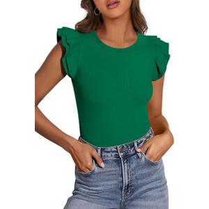 PRETTYGARDEN Womens Summer Crew Neck T Shirts 2026 Trendy Ruffle Sleeve Slim Fit Knit Going Out Tops Casual Spring Clothes (Green, M)