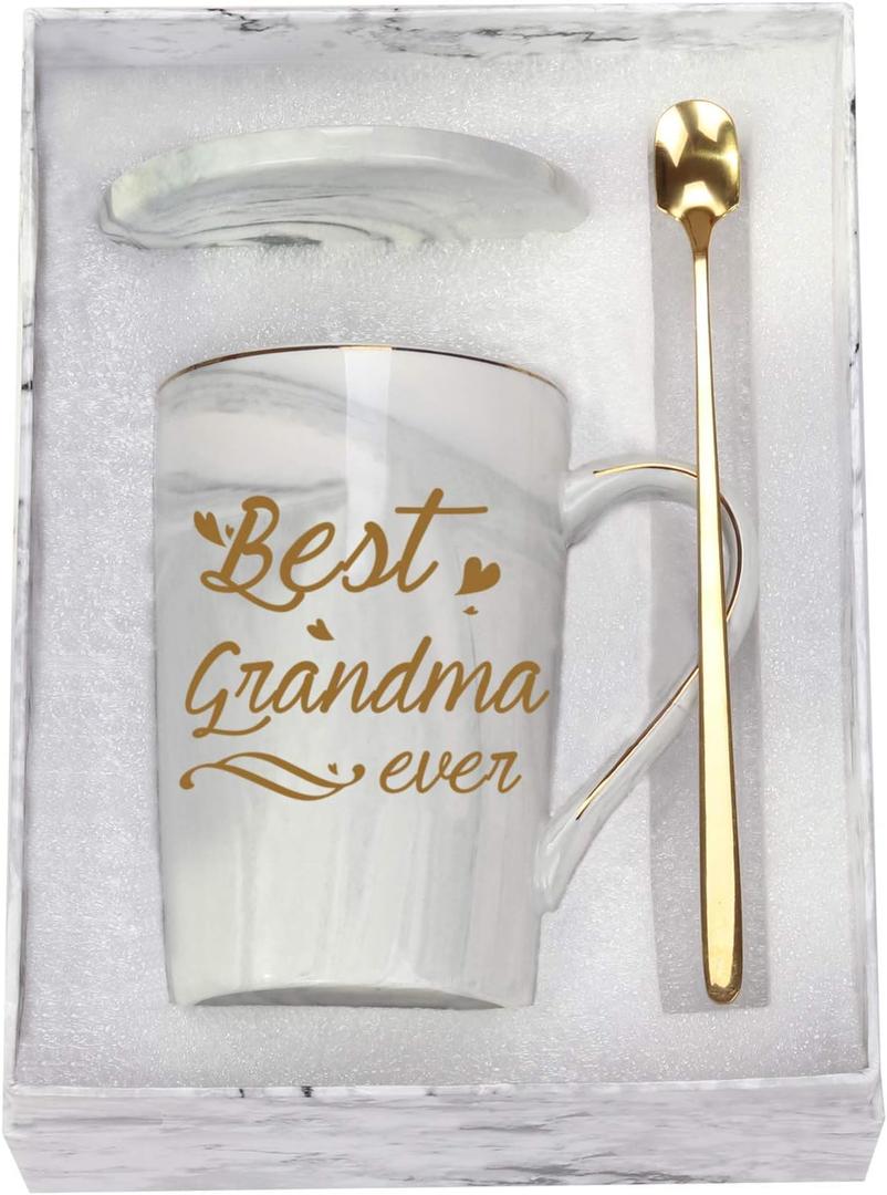 Best Grandma Ever Mug Coffee Gifts Birthday Mothers Day for from Granddaughter Grandson Grandchildren Grandkids 14 Ounce Gift Box with Spoon and Mat, Gray