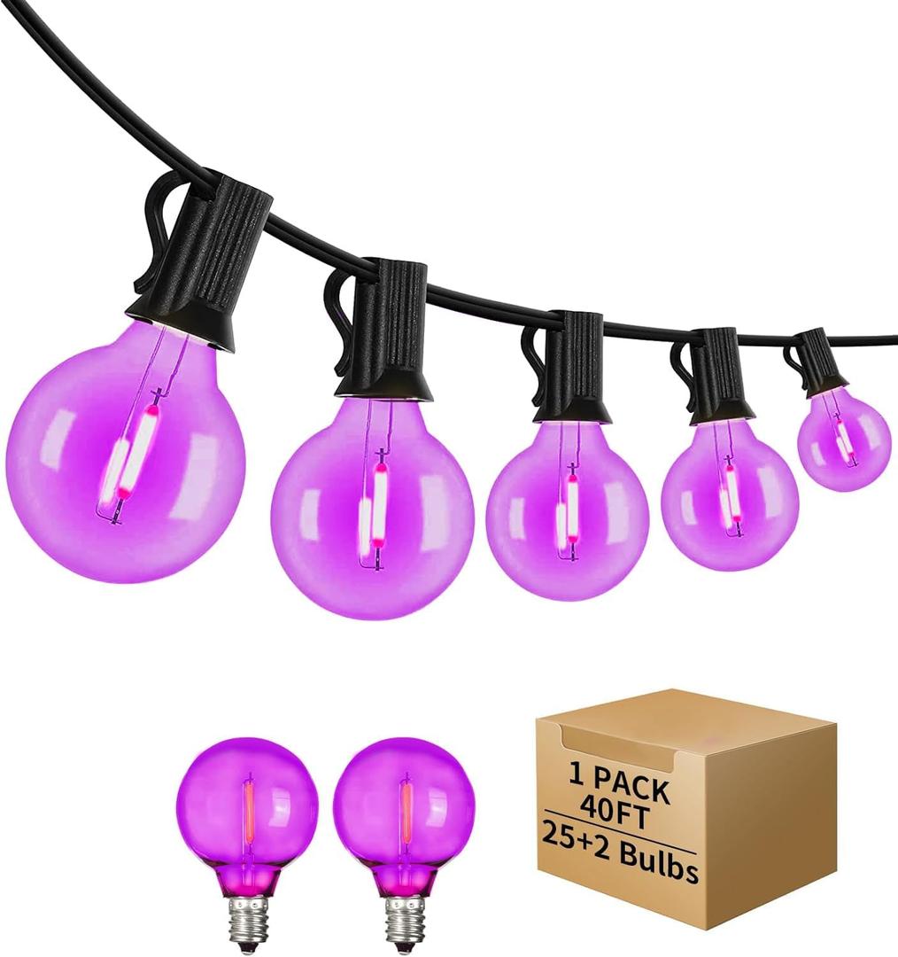 40FT LED Outdoor String Lights Waterproof, G40 LED Globe Outdoor Lights for Patio with 27 Edison Vintage Shatterproof Bulbs, Connectable Backyard Lights for Garden, Bistro, Porch, Cafe (Purple)