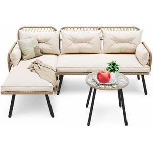 YITAHOME Patio Furniture Set Outdoor Loveseat, Wicker Conversation Set with Thick Cushions & Detachable Lounger, Rattan Sectional Set with Side Table for Backyard, Porch, Deck, Patio, Beige