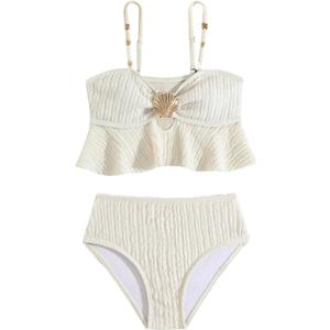 OYOANGLE Girl's Two Piece Metallic Shell Bikini Sets Cut Out Ruffle Top High Waist Hipster Swimsuit (Beige, 11Y)