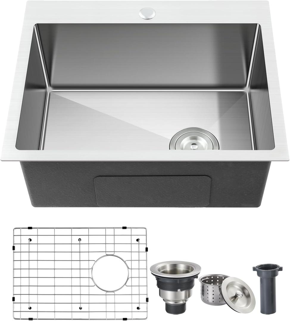 ROVOGO 20x16x9 in. Drop-in Kitchen Sink Single Bowl, 304 Stainless Steel Handmade Modern Sink Top Mount with Bottom Grid and Offset Drain, 1 Hole, Brushed (Brushed Offset Drain)