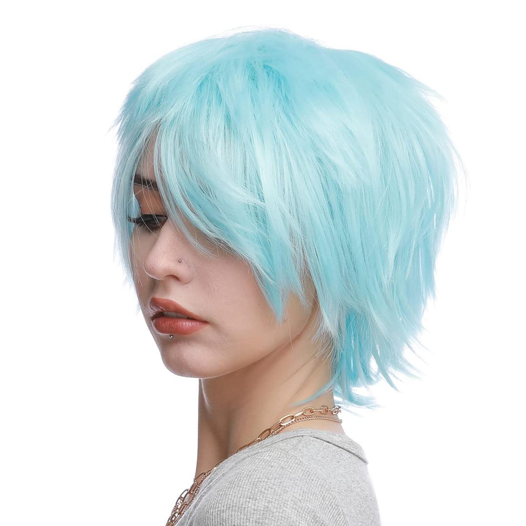 Benehair Short Spiky Layered Anime Cosplay Wig - Unisex Fluffy Fashion Sky Blue Synthetic Straight Wig for Men Women Cosplayers - Halloween Party