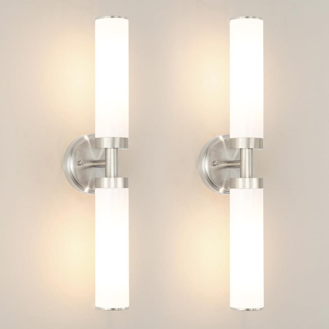 Brushed Nickel Wall Sconces Set of 2, Modern Bathroom Vanity Lights for Mirror, Wall Light Fixtures with Milk Glass for Bathroom, Bedroom, Hallway, E26 Base, Bulbs Required, 22.05 Inch