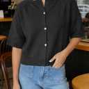 Womens Short Sleeve Cardigan Summer Sweaters Crew Neck Button Down Knit Shirt Blouse Dressy Casual Tops (Black, M)