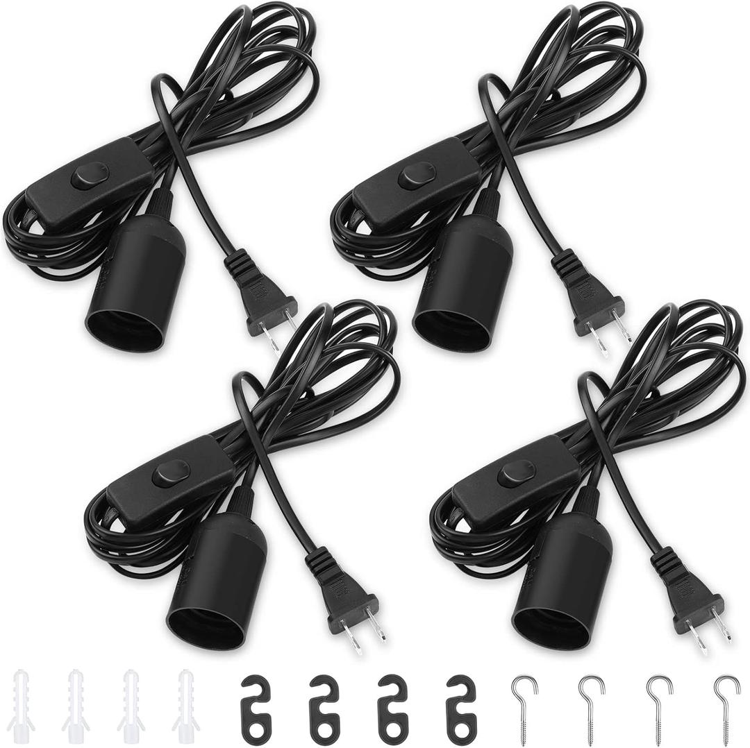 Coume 12ft Extension Hanging Lantern Cord Cable Extension Light Hanging Lantern Pendant Lamp Cord with Switch Plug, E26 E27 Bulb Socket and Hooks for Kitchen Bedroom Plant Growth Light(Black,4 Pcs)