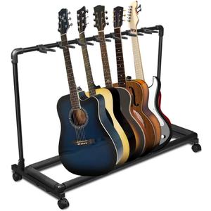 AZOR 7 Multi Guitar Stand Rack with Wheels, Foldable Design 7 Holder Guitar Rack for Acoustic Electric Guitar, Bass, Soft Cushioning Sponge Protects Your Instruments
