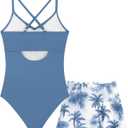 Girls One Piece Swimsuit with Cover Up Spaghetti Strap Cutout Ruched Bathing Suit Criss Cross Straps Swimwear (Blue, 13-4Y)