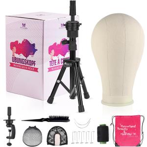 23 Inch Wig Head,Wig Stand Tripod with Head,Canvas Wig Head Stand with Mannequin Head for Wigs,Manikin Head Block Set for Wigs Making Display with Wig caps,T Pins Set,Bristle Brush