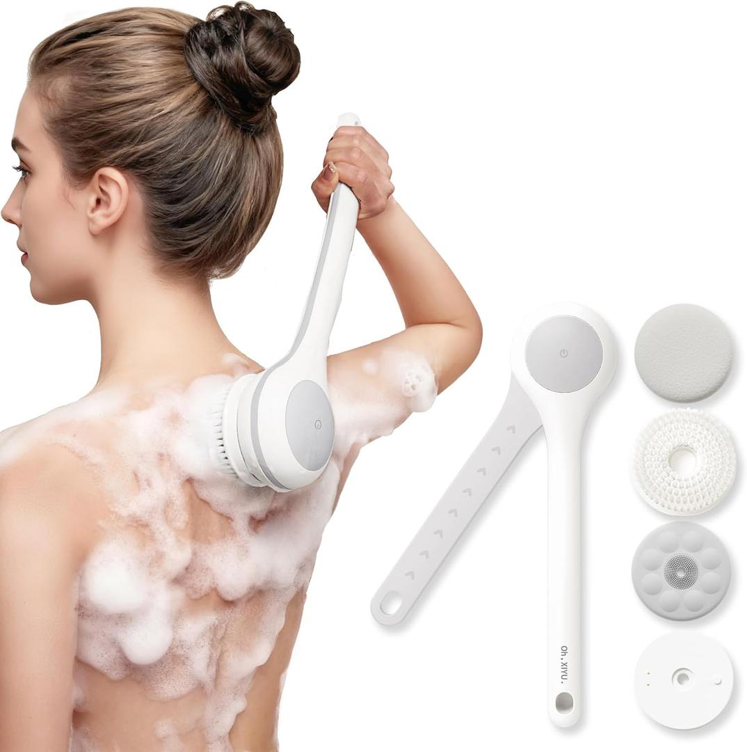 Electric Body Brush Back Scrubber for Shower, Waterproof Long Dual Handle Power Body Scrubber with 3 Heads, Bath Brush & 2 Speeds, for Cleansing, Exfoliating and Massaging Skin, Milk White