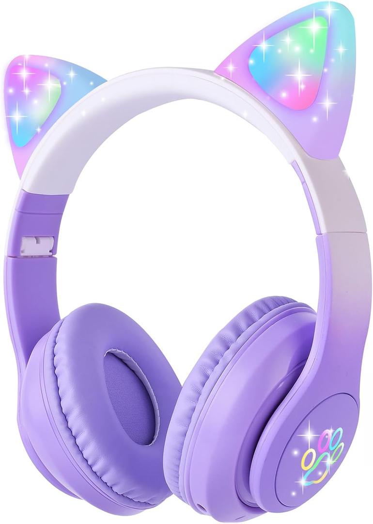 Kids Bluetooth Headphones with LED Cat Ears, Wireless/Wired Mode Headphones for Kids, Foldable Stereo Over Ear Headphones with Built-in Mic for School Birthday Xmas Gift (Purple)