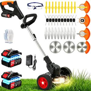 Electric Weed Wacker Cordless Weed Eater 21V Battery Powered No String Trimmer,3 in 1 Lightweight Portable Edger Grass Trimmer/Brush Cutter/Lawn Mower with 4 Types Blades & Wheels for Yard and Garden, 35 inches
