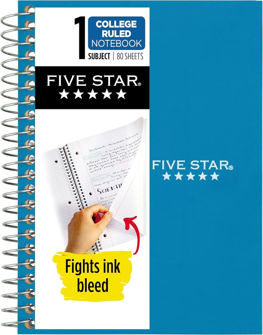 Five Star Spiral Notebook, 1 Subject, College Ruled Paper, 4-3/8" x 7", Personal Size, 80 Sheets, Fights Ink Bleed, Water Resistant Cover, Tidewater Blue (450048CG1-ECM)