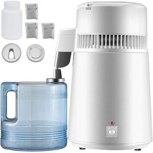 4L Water Distiller, 0.3 Gal/H, Distilled Water Maker Machine, 750W, 304 Stainless Steel Countertop Distiller, Glass Carafe, Cleaning Powder, Carbon Packs, Silver