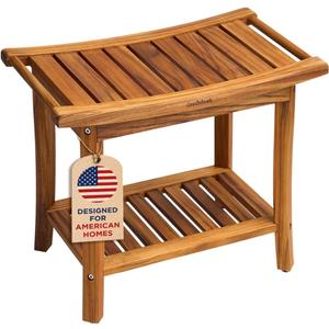 Premium 22" Teak Wood Shower Bench with Shelf, 2-Tier Waterproof Teak Shower Stool, Non-Slip Feet for Enhanced Safety, Spa Bath Seat for Bathroom, Indoor & Outdoor Use, 300 lb Capacity