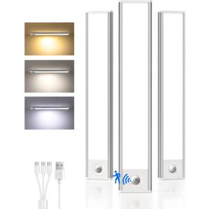 Under Cabinet Lighting Wireless,Rechargeable Battery Motion Sensor Light Indoor,LED Closet Lights USB Charging,3 Color Dimmable Under Cabinet Lights for Kitchen, Cabinet, Wardrobe (3 Pcs)12in