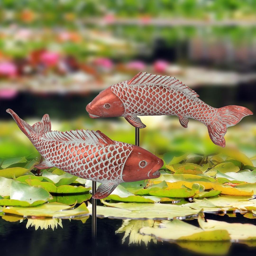 Outdoor Statues Garden Koi Fish Decor, 2pcs Antique Copper Koi Fish Sculpture for Pond Lawn Patio Porch Yard Decor Home House Ornaments, Birthday Gardening Gifts for Grandma Women (Small-10.6 inches Long)