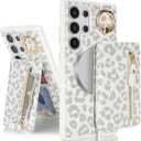 for Samsung Galaxy S24 Ultra Phone case with Card Holder with Compatible magsafe Magnetic, Key Chain PU Leather Flip Kickstand Detachable 2-in-1 Wallet case Women Men-White Leopard