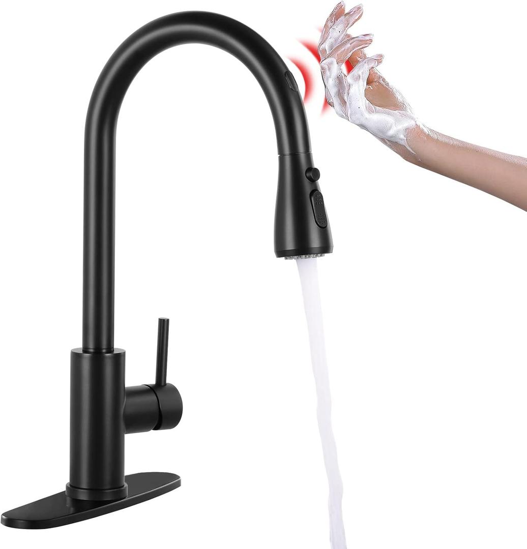 FGKQ Touchless Kitchen Faucet with Pull Down Sprayer, Matte Black High Arc Single Handle Single Hole Commercial Kitchen Sink Faucet with Deck Plate