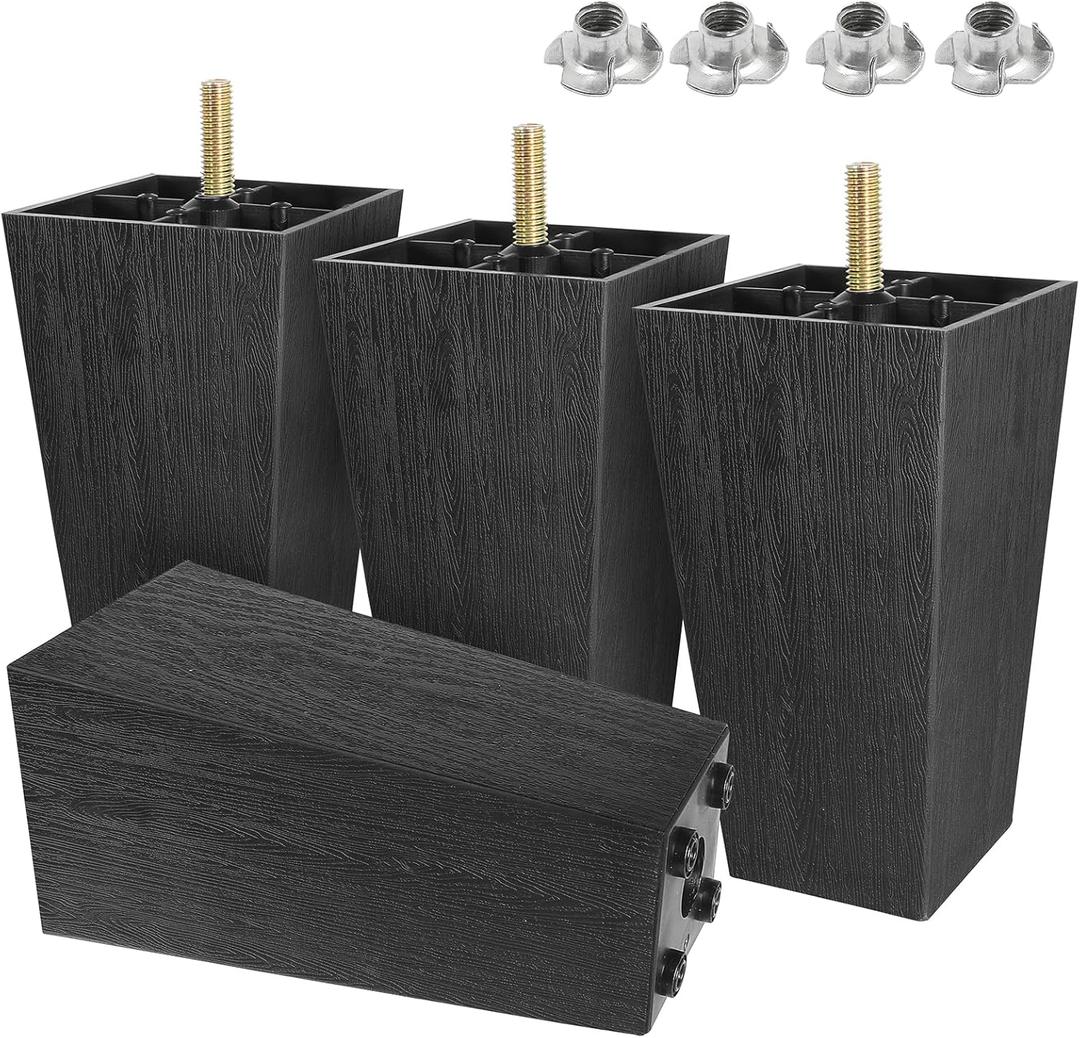 M8-1.25 Metric Thread Bolts Plastic Furniture Legs 6 Inch Black Square Sofa Feet with T-Nuts - Couch Feet Replacement - Couch Legs Set of 4