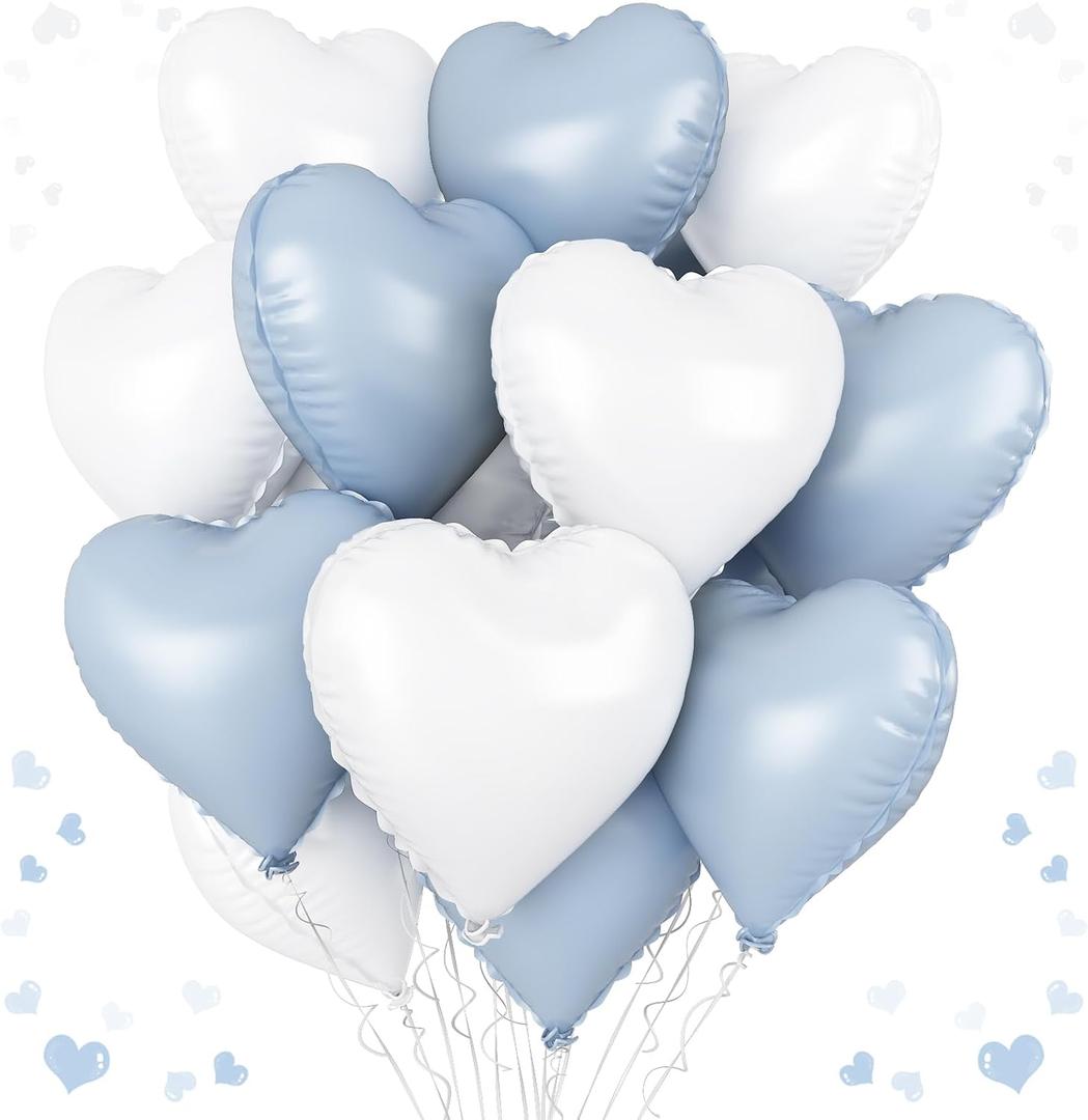 Baby Blue and White Heart Balloons, 18 Inch Pastel Blue White Heart Shape Balloons, 12PCS Light Blue White Helium Foil Heart Balloon for Birthday Baby Shower Engagement Wedding Party Decorations