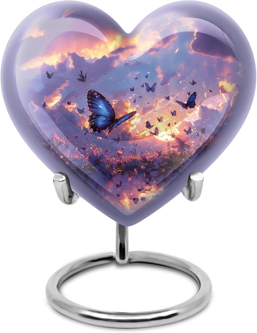 Twilight Butterflies Small Heart Urn for Human Ashes - Decorative Mini Cremation Urns for Adult Man or Woman (3 Inch, 1 Piece) Purple Urn, Funeral Urns - Mini Keepsake Ash Holder - Ashes Keepsake