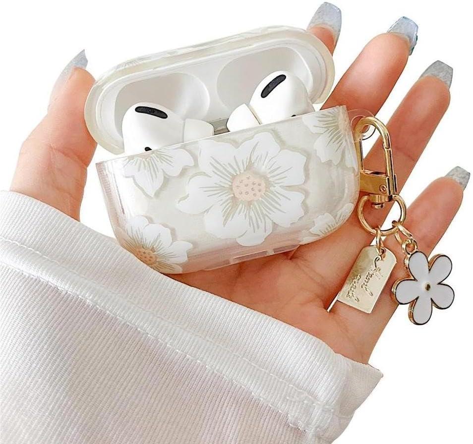 MINSCOSE Compatible with AirPods Pro Clear Case, Cute Cartoon Flower Pattern Design with Floral Keychain, Soft TPU Protective Shockproof Case for AirPod Pro for Girls Women-White