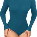 GEMBERA Womens Stretchy Long Sleeve Turtleneck Ribbed Knit Fitted Basic Bodysuit Shirt, Small, Teal