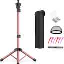 Wig Head Stand 50 Inches, Height Adjustable Tripod Wig Stand, Salon Mannequin Head Stand with Anti-Slip Base for Styling, Display Barber Training, Beauty School (Pink)